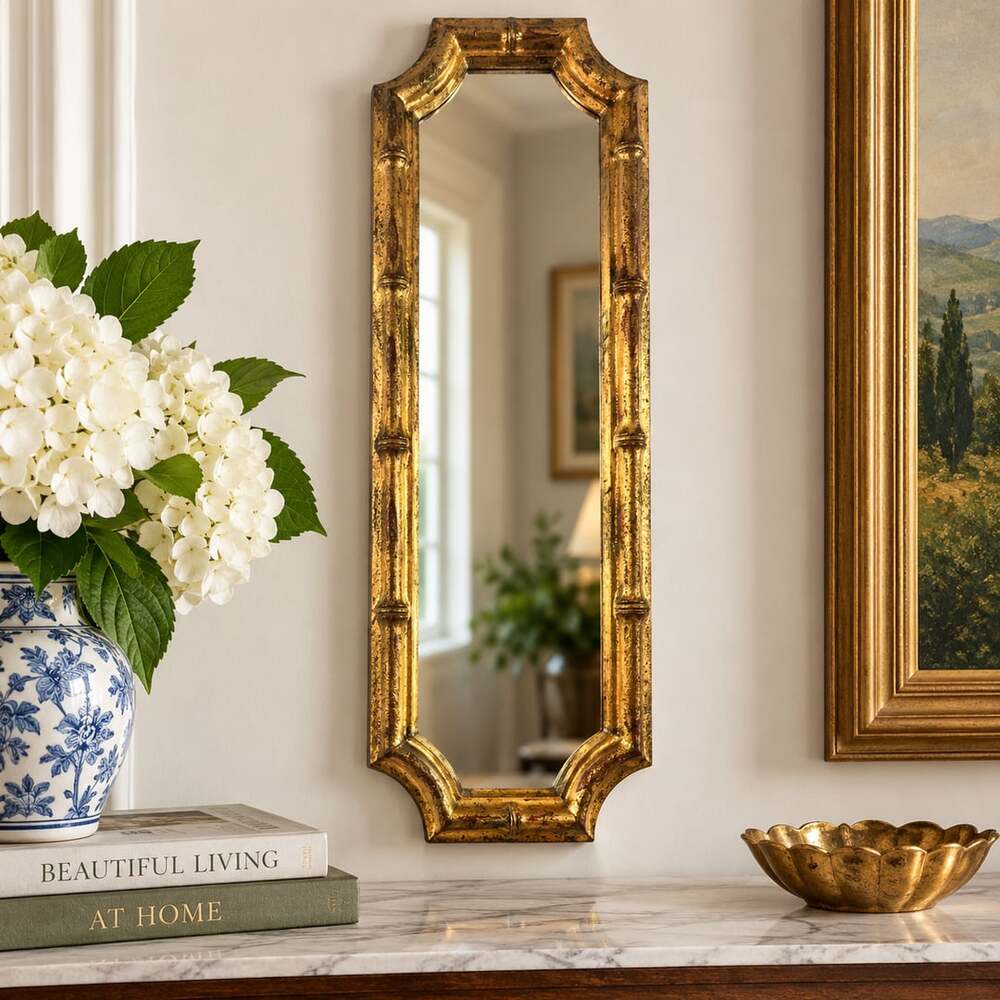 Florentia Italian 1960s Vintage Gold Leaf Faux Bamboo Wall Mirror